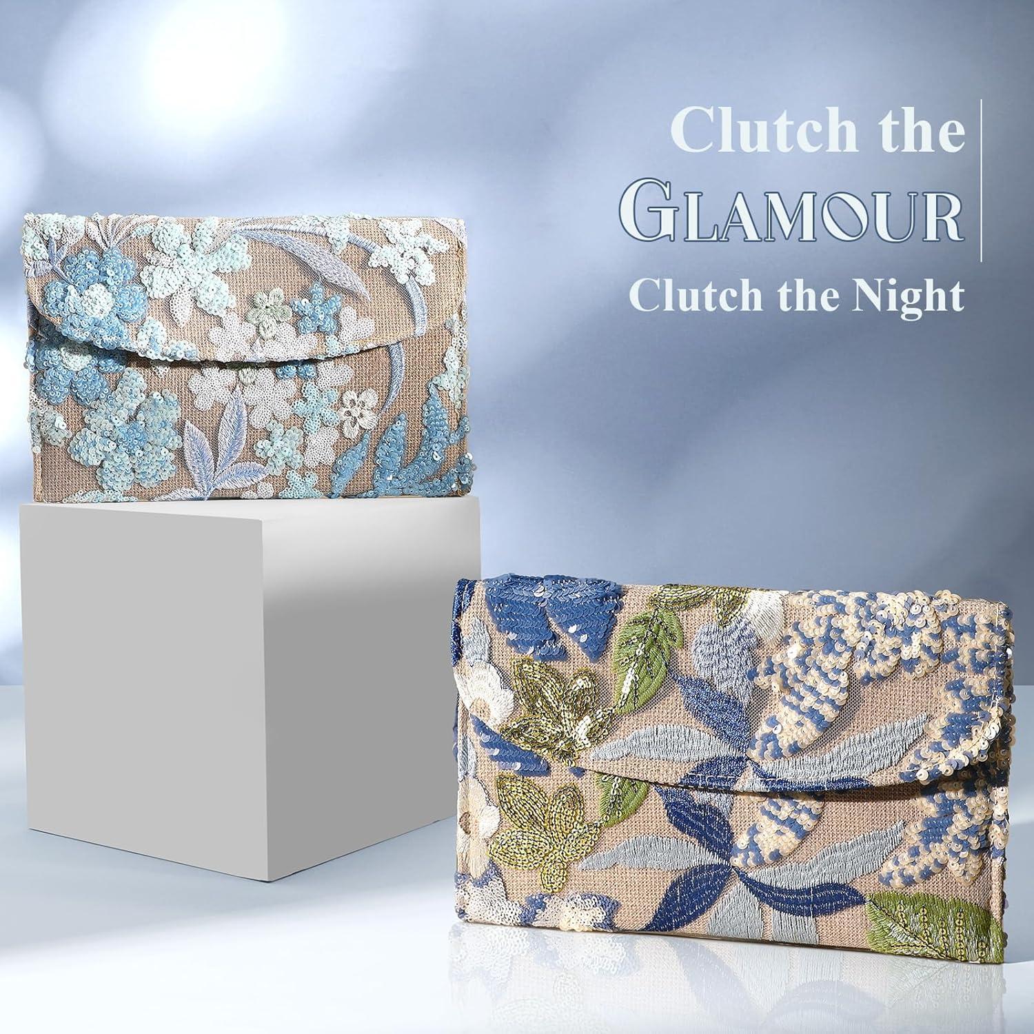 Bolso Clutch Floral Bordado para Mujeres - Azul - 25.9x15.7 cm