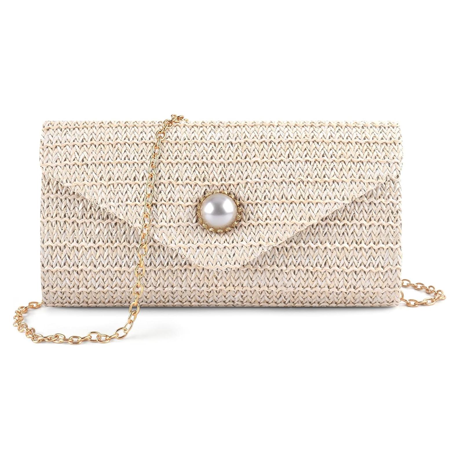 Bolso de mano de paja PACETAP con perlas para mujer 17.8x10.2cm