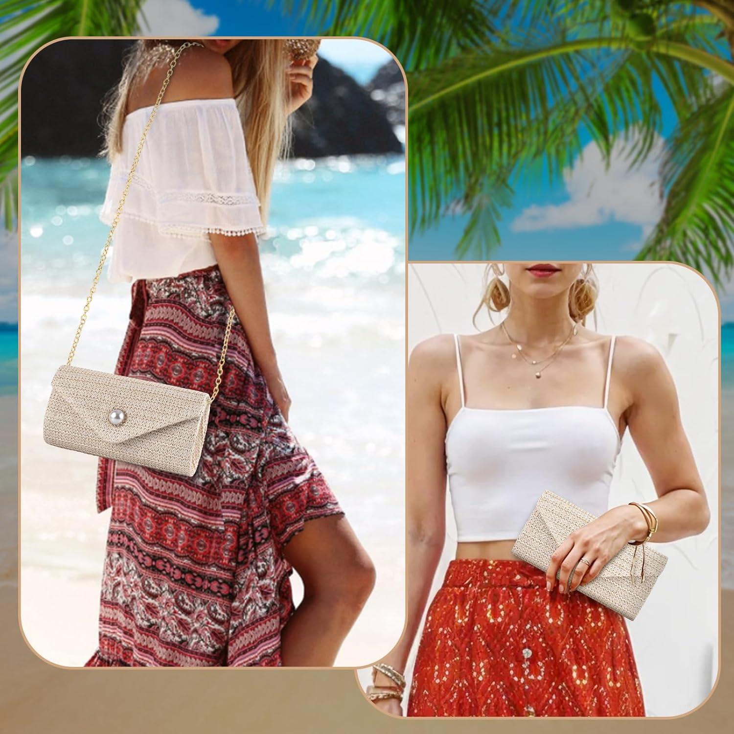 Bolso de mano de paja PACETAP con perlas para mujer 17.8x10.2cm