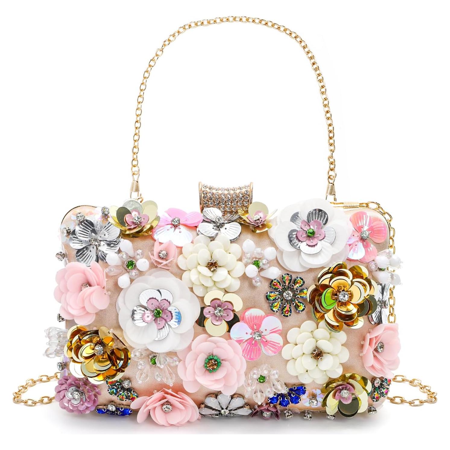 Flower Clutch Evening Bag, Fancy Floral Evening Bag Purse for Woman, Colorful Embroidery Beaded Clutch with 2 Chain Straps, Bride Wedding Handbag Crossbody Shoulder Bag