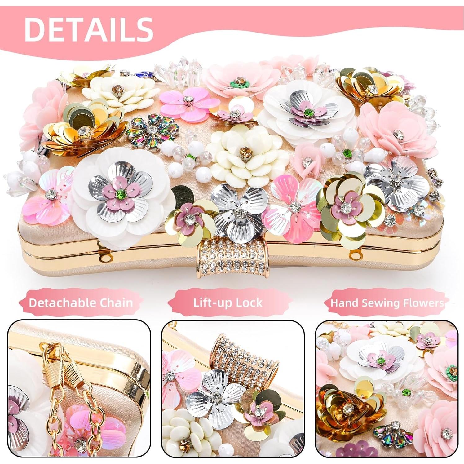 Flower Clutch Evening Bag, Fancy Floral Evening Bag Purse for Woman, Colorful Embroidery Beaded Clutch with 2 Chain Straps, Bride Wedding Handbag Crossbody Shoulder Bag