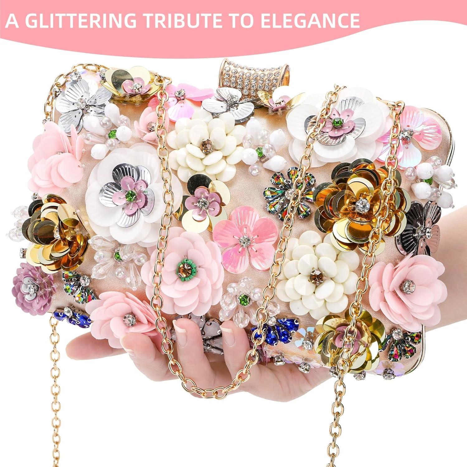Flower Clutch Evening Bag, Fancy Floral Evening Bag Purse for Woman, Colorful Embroidery Beaded Clutch with 2 Chain Straps, Bride Wedding Handbag Crossbody Shoulder Bag