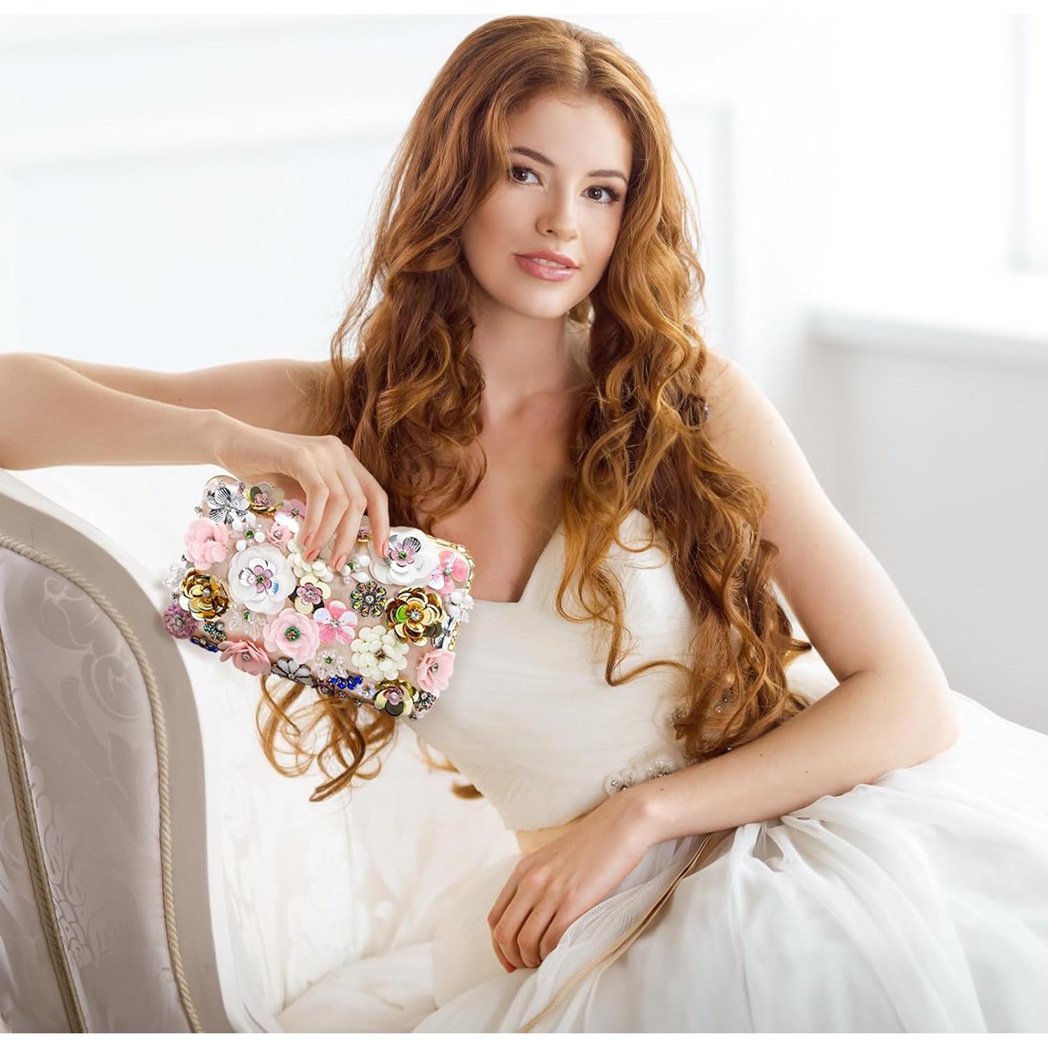 Flower Clutch Evening Bag, Fancy Floral Evening Bag Purse for Woman, Colorful Embroidery Beaded Clutch with 2 Chain Straps, Bride Wedding Handbag Crossbody Shoulder Bag