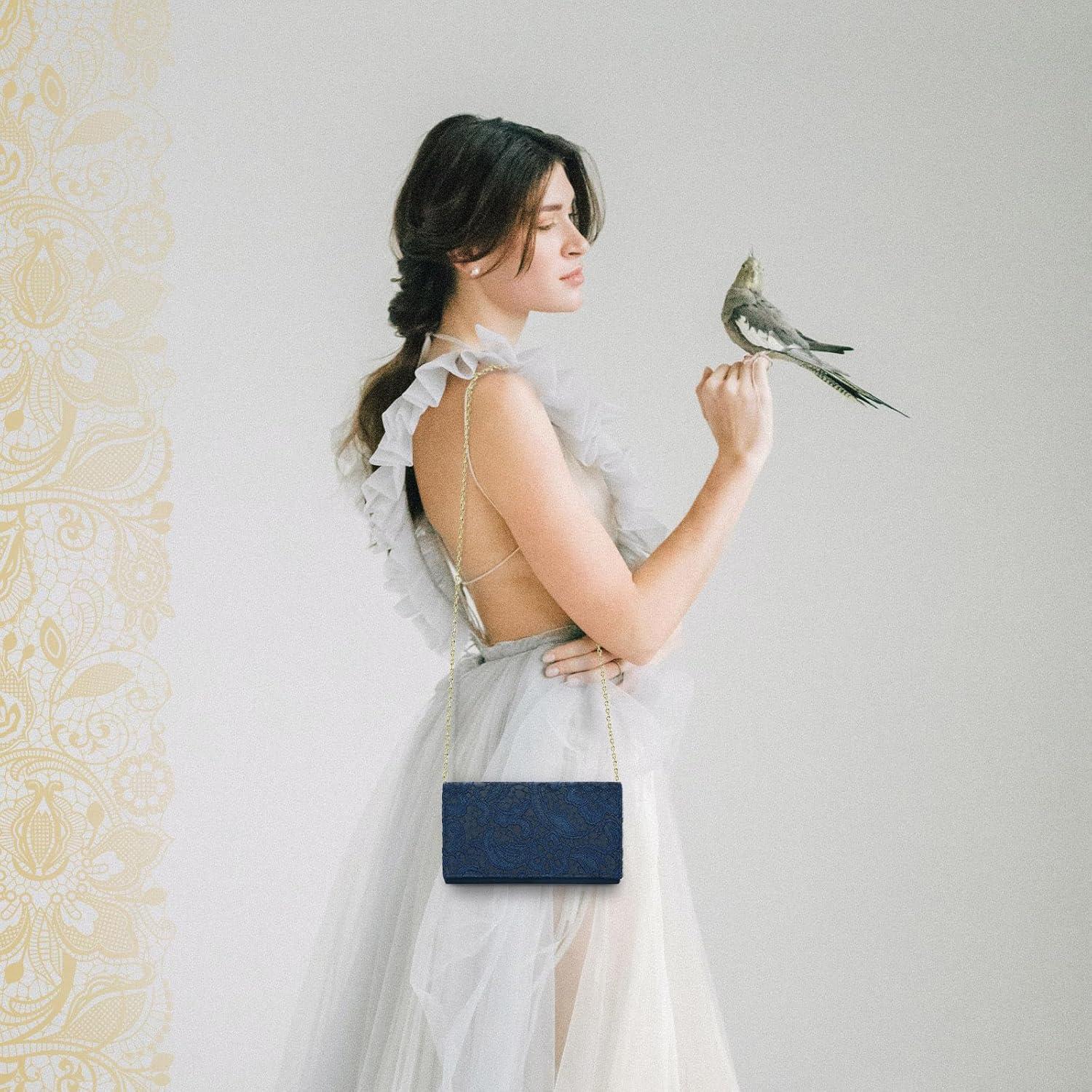 Bolso Clutch de Encaje Floral UBORSE para Mujeres - Azul