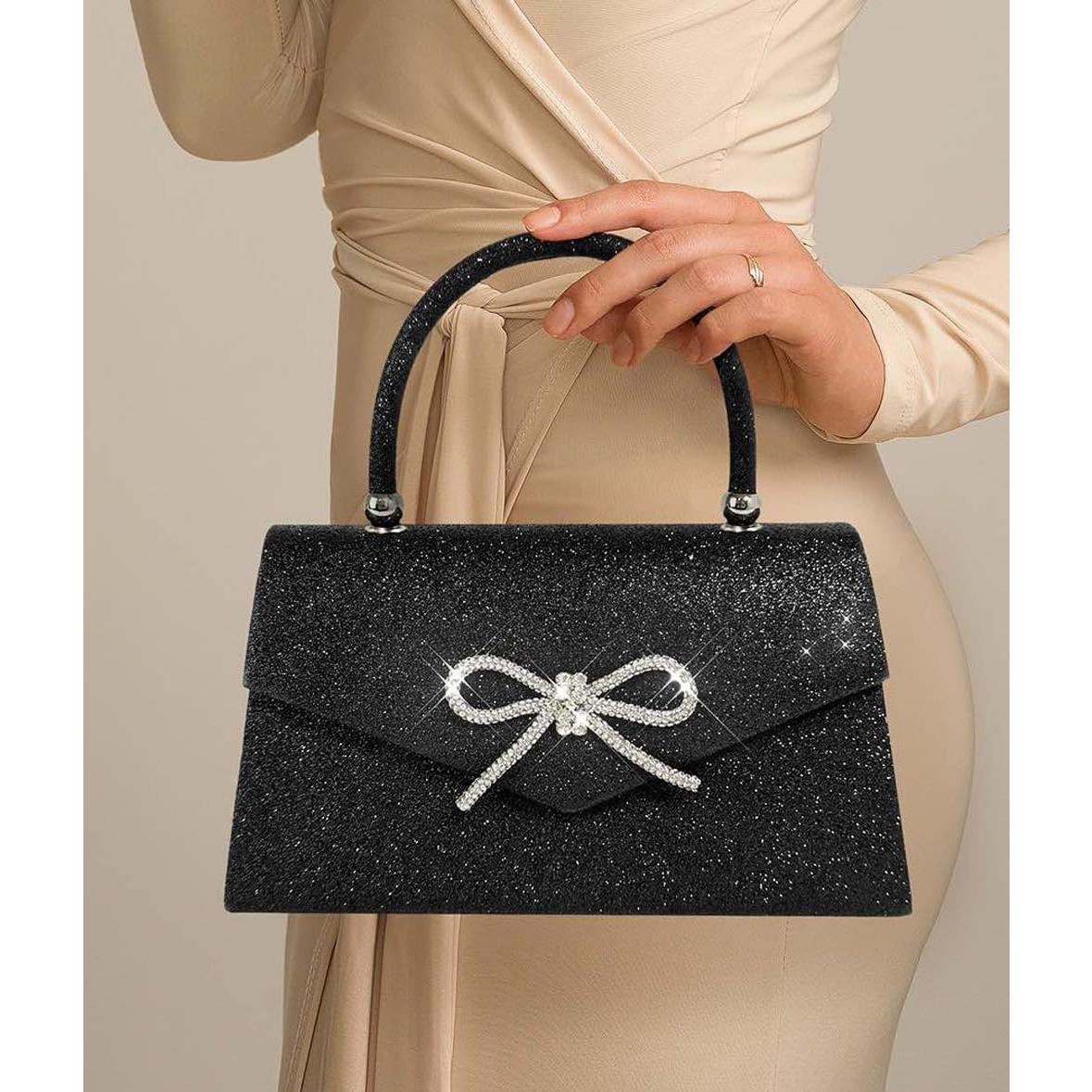 Bolso de Noche Clutch para Mujeres con Lazo Brillante Negro