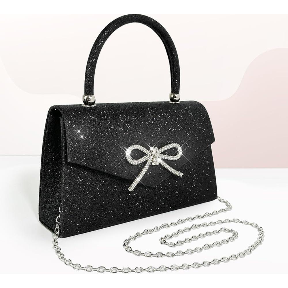 Bolso de Noche Clutch para Mujeres con Lazo Brillante Negro