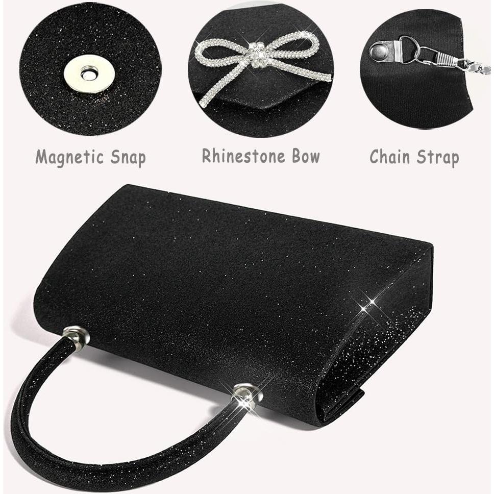 Bolso de Noche Clutch para Mujeres con Lazo Brillante Negro