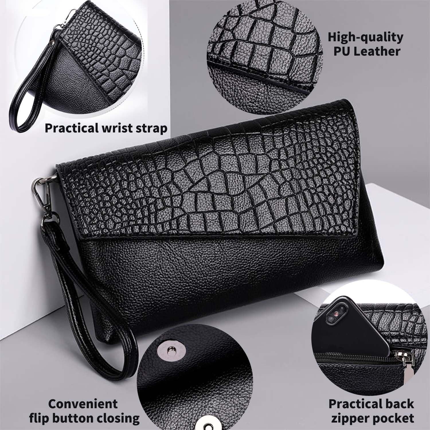 Bolso Clutch Negro de PU para Mujeres 27x16x2.5cm