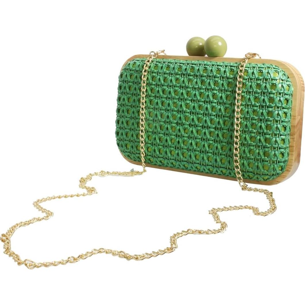 Bolso de mano de paja PENGZHI verde tejido a mano 20.1x13x6.1cm