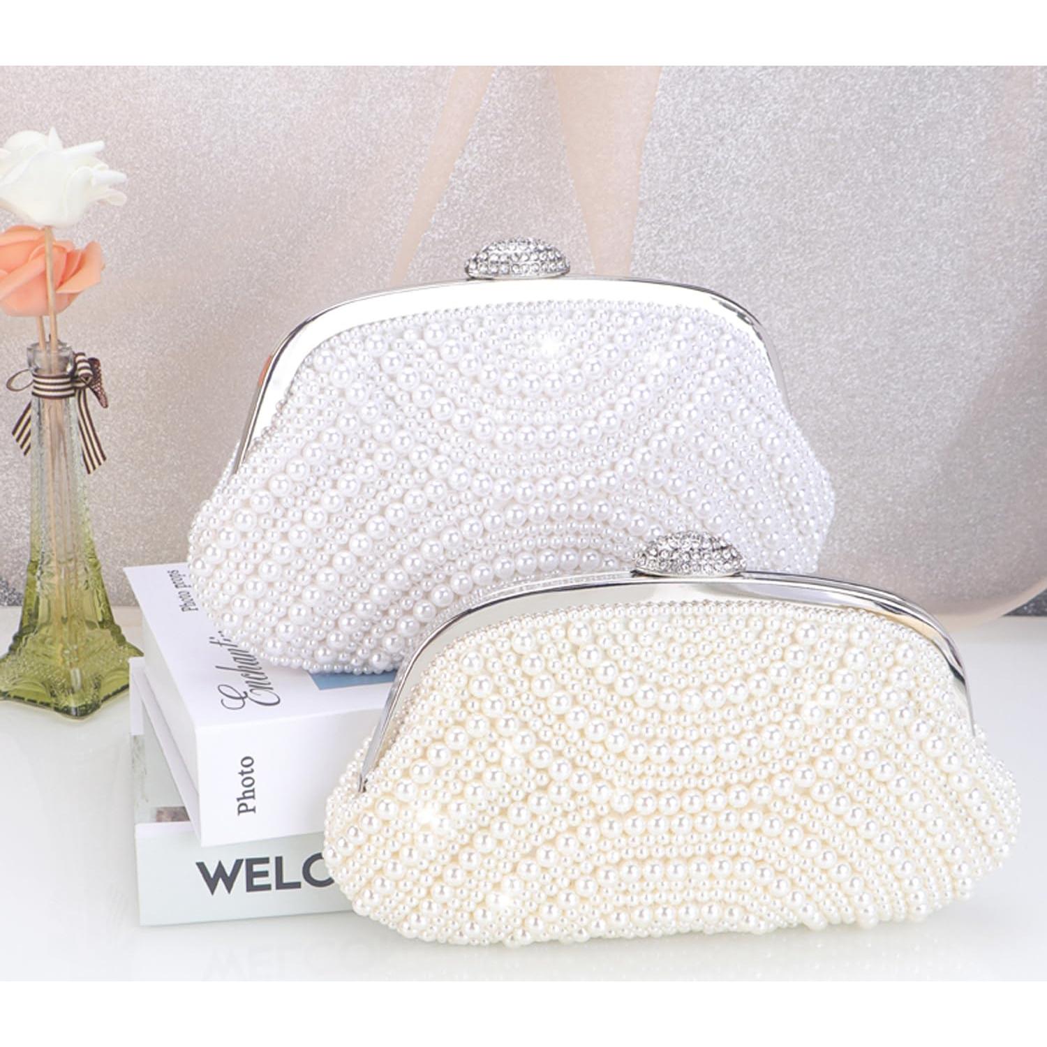 Bolso de mano de perlas Aovtero para mujer - Blanco - 23x14.5 cm
