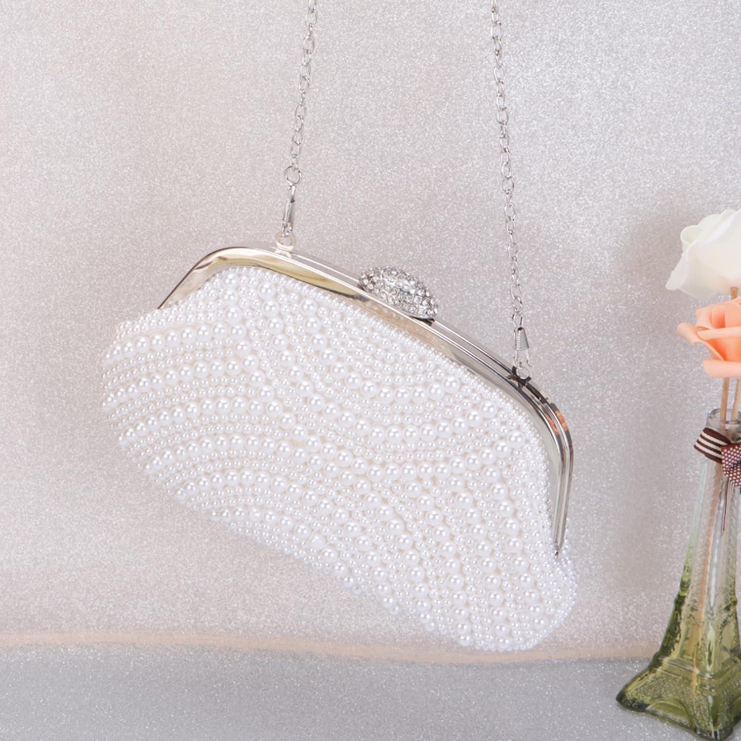 Bolso de mano de perlas Aovtero para mujer - Blanco - 23x14.5 cm