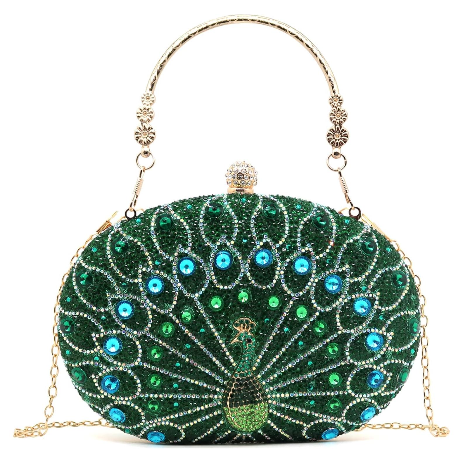 Bolso Clutch de Noche ATQCOL Verde Pavo Real con Rhinestones
