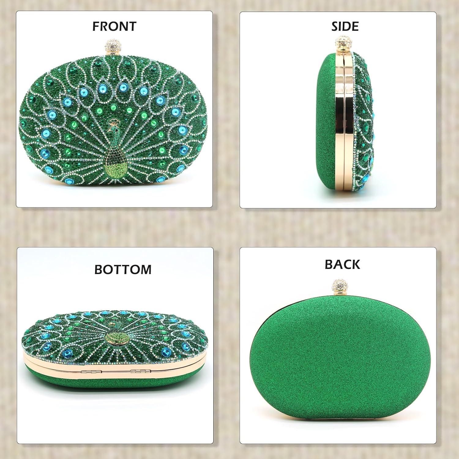 Bolso Clutch de Noche ATQCOL Verde Pavo Real con Rhinestones