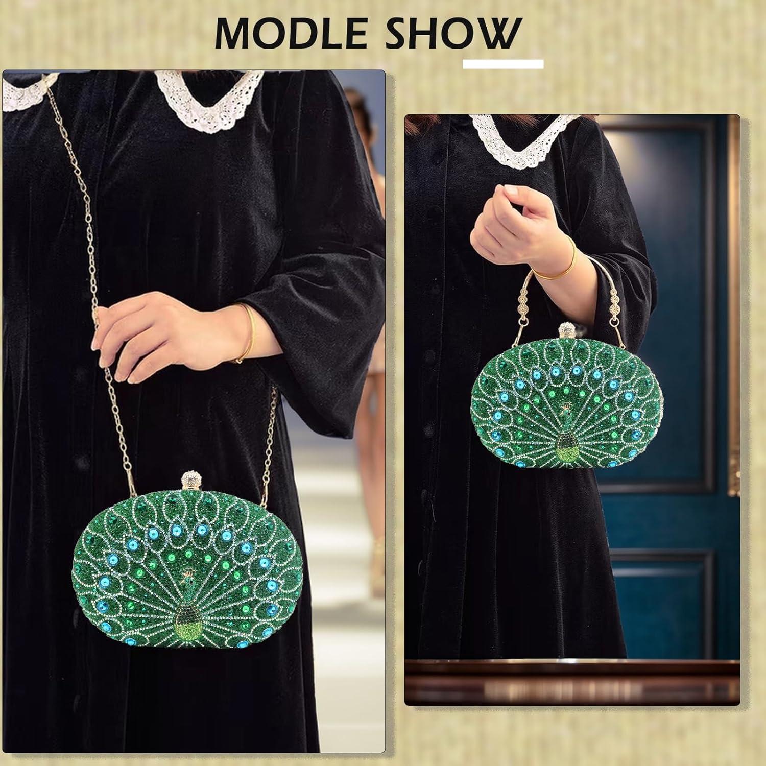 Bolso Clutch de Noche ATQCOL Verde Pavo Real con Rhinestones