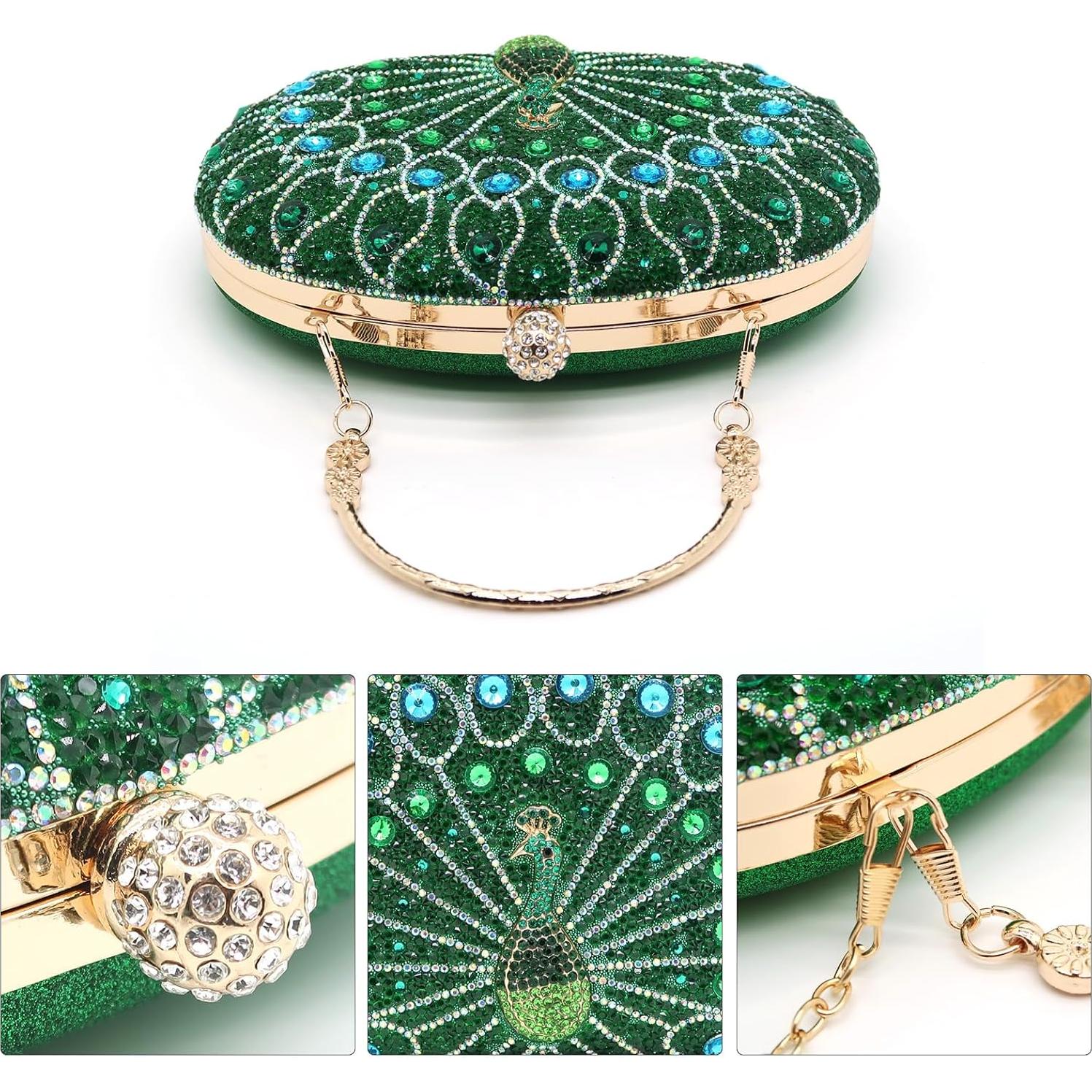 Bolso Clutch de Noche ATQCOL Verde Pavo Real con Rhinestones