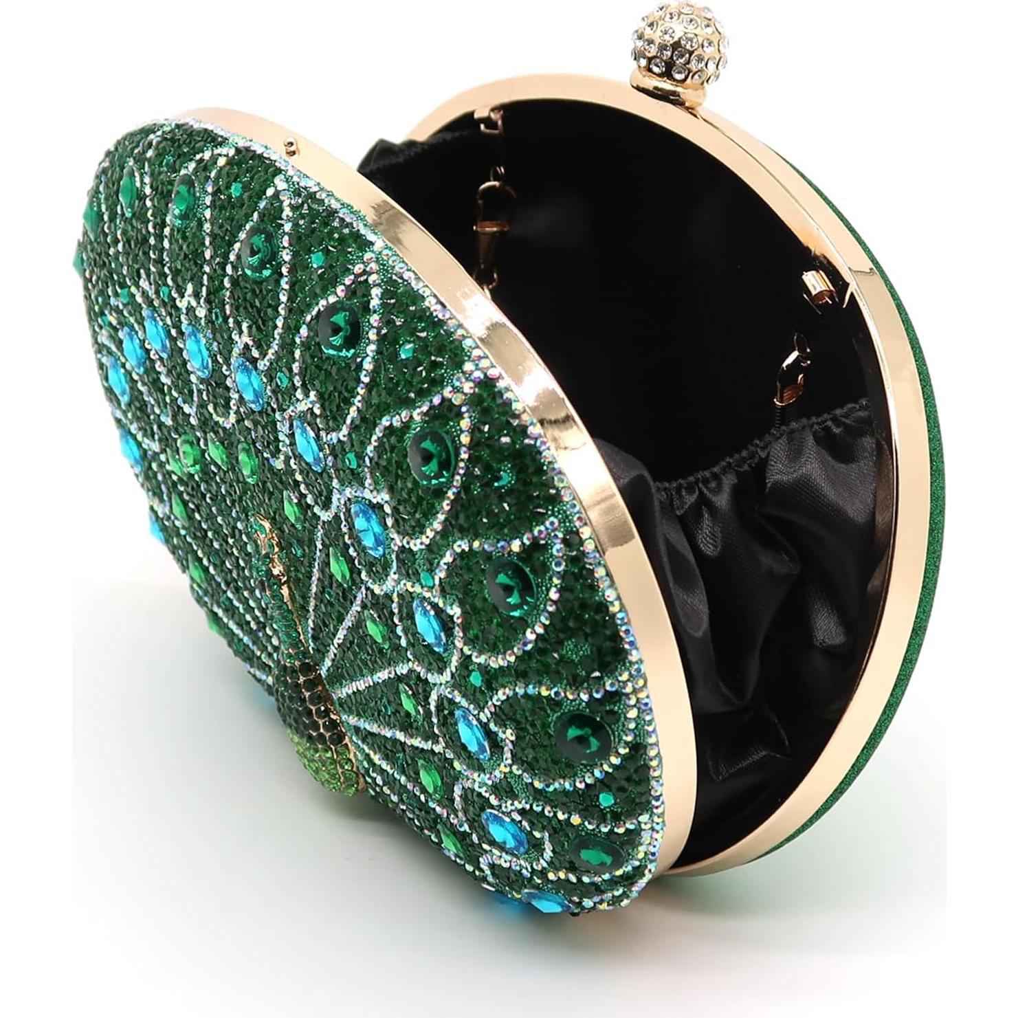 Bolso Clutch de Noche ATQCOL Verde Pavo Real con Rhinestones