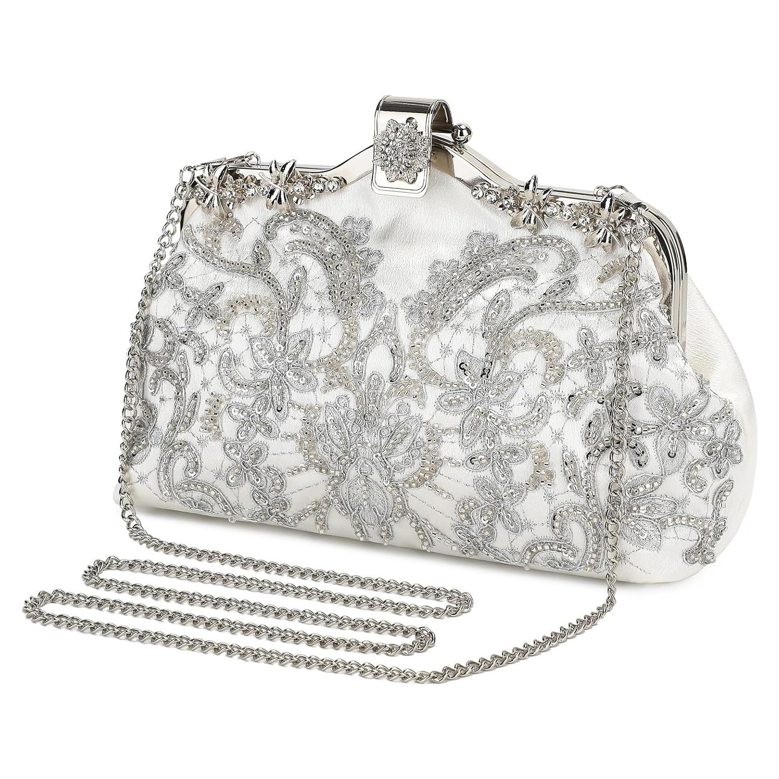 Bolso de Mano Vintage UBORSE con Perlas y Lentejuelas 22x7x14cm