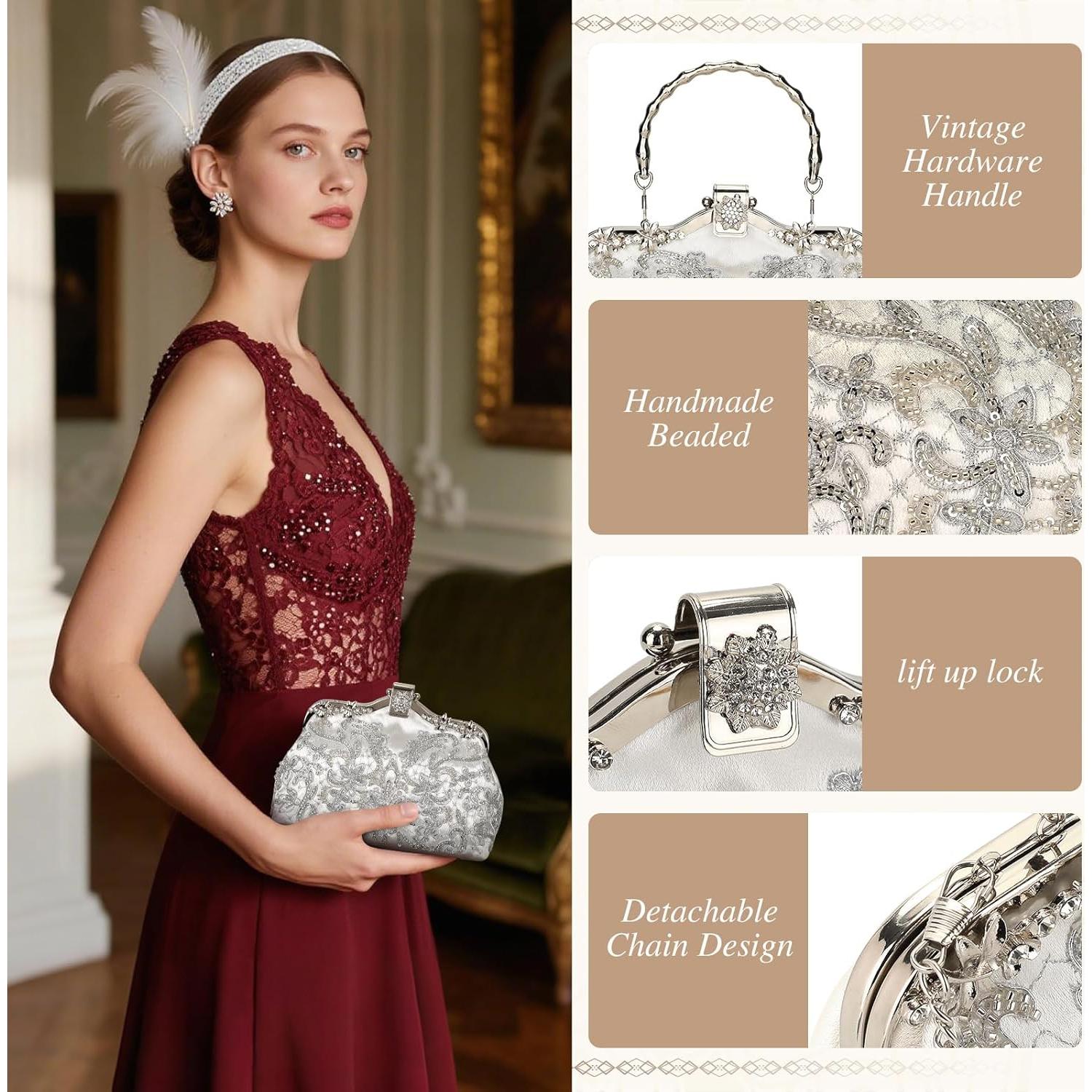 Bolso de Mano Vintage UBORSE con Perlas y Lentejuelas 22x7x14cm