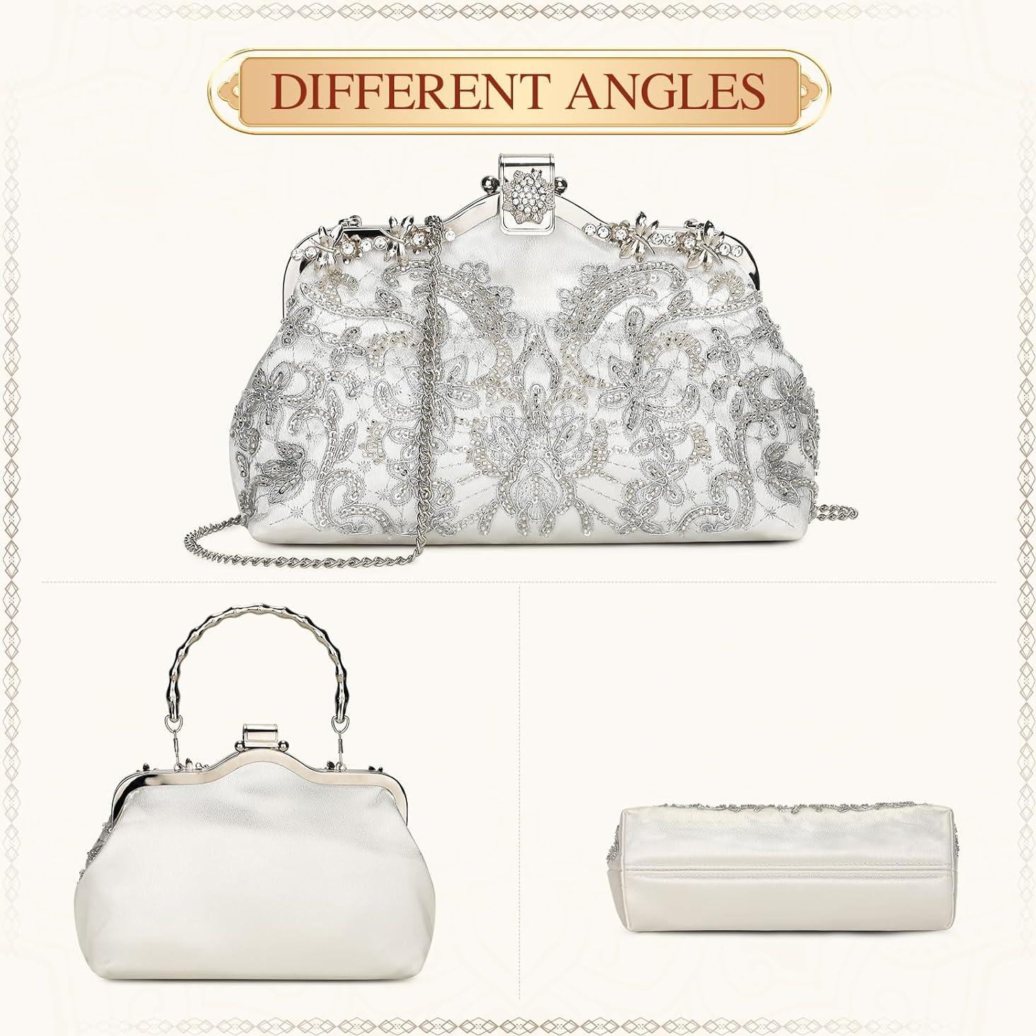 Bolso de Mano Vintage UBORSE con Perlas y Lentejuelas 22x7x14cm