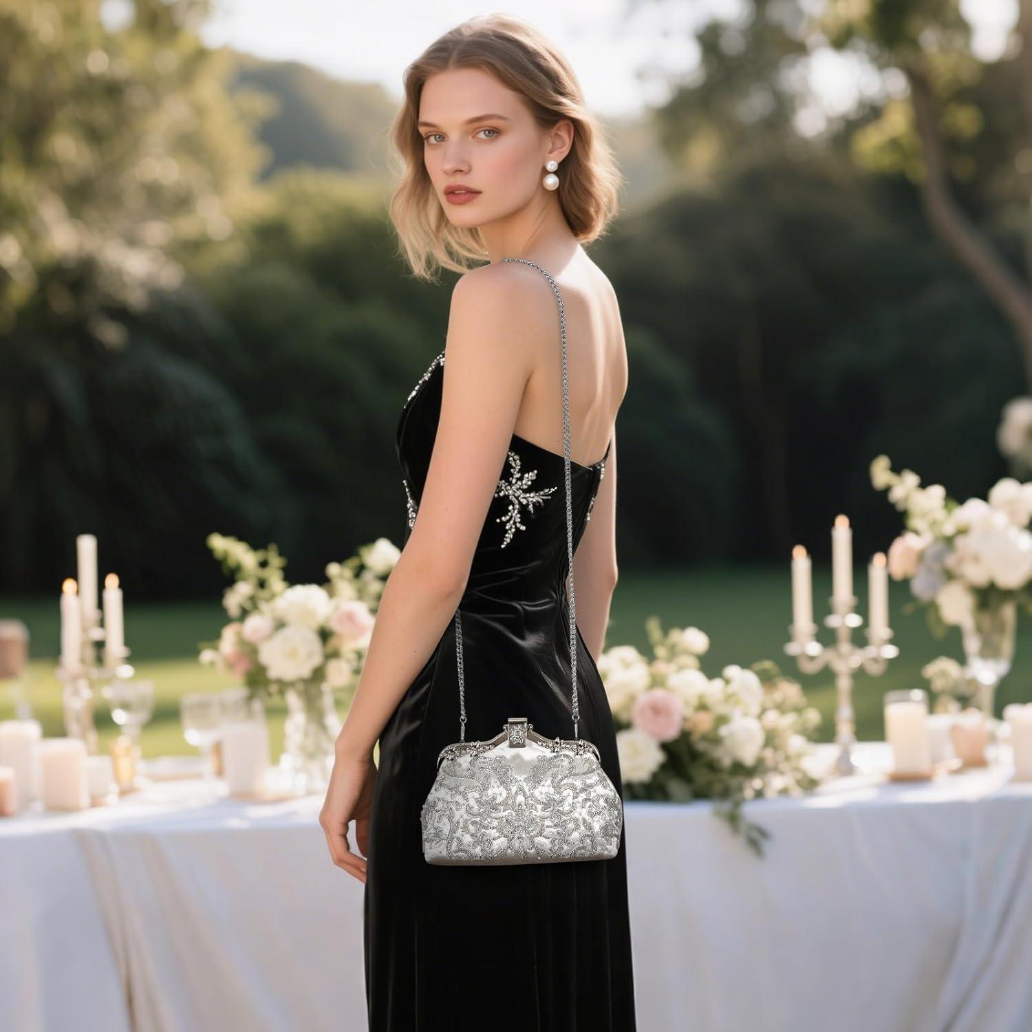 Bolso de Mano Vintage UBORSE con Perlas y Lentejuelas 22x7x14cm