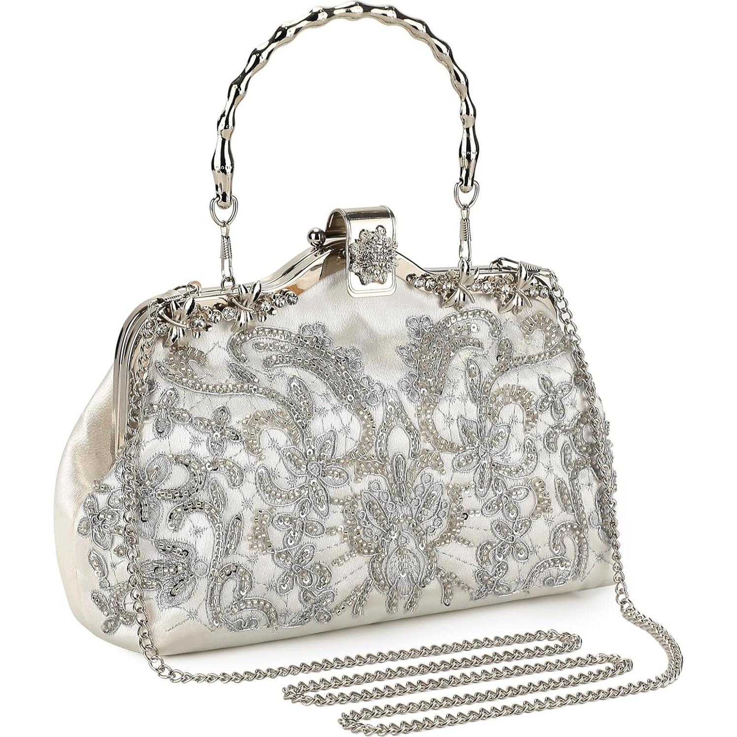 Bolso de Mano Vintage UBORSE con Perlas y Lentejuelas 22x7x14cm