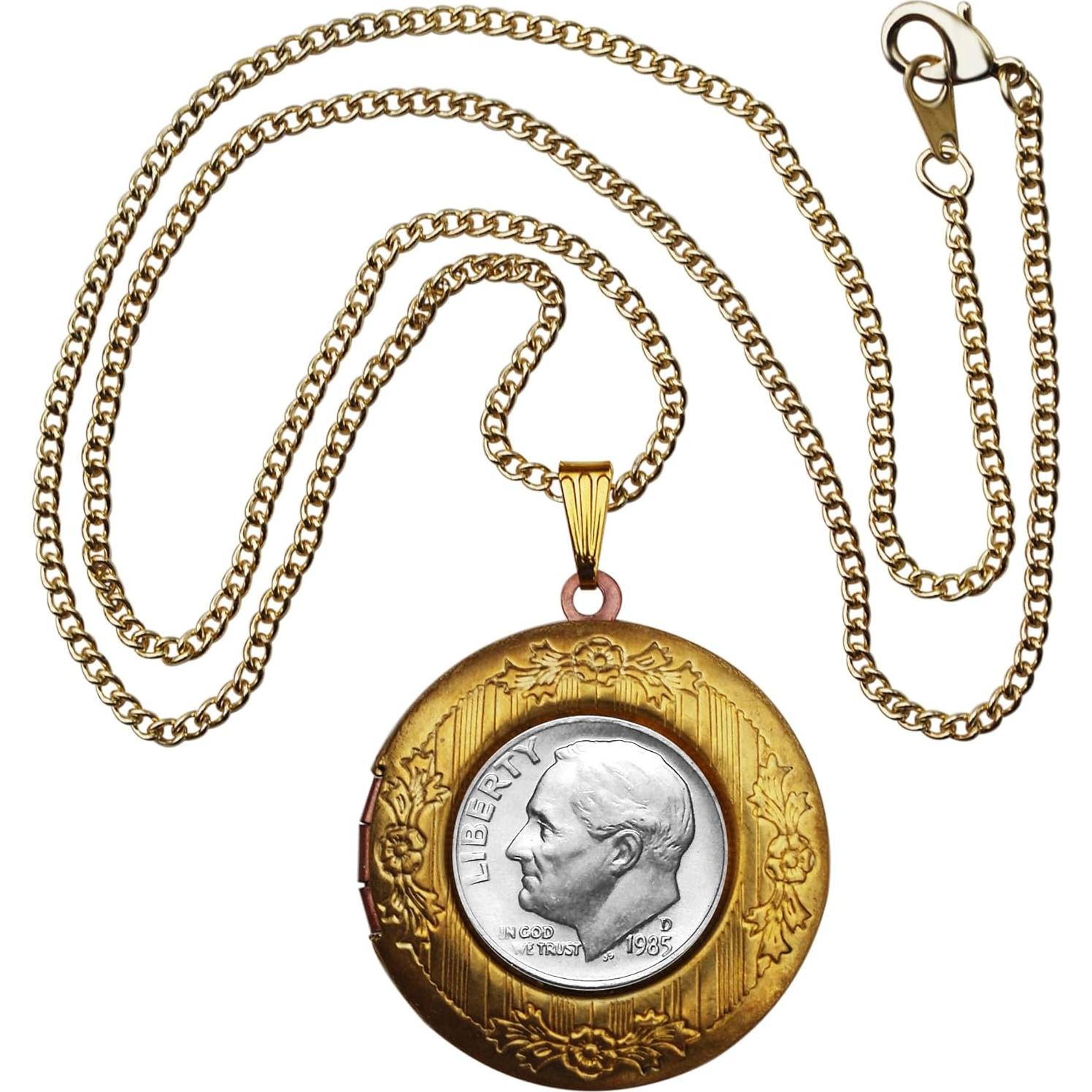 Collar de Relicario con Moneda Roosevelt 10 Centavos 1985