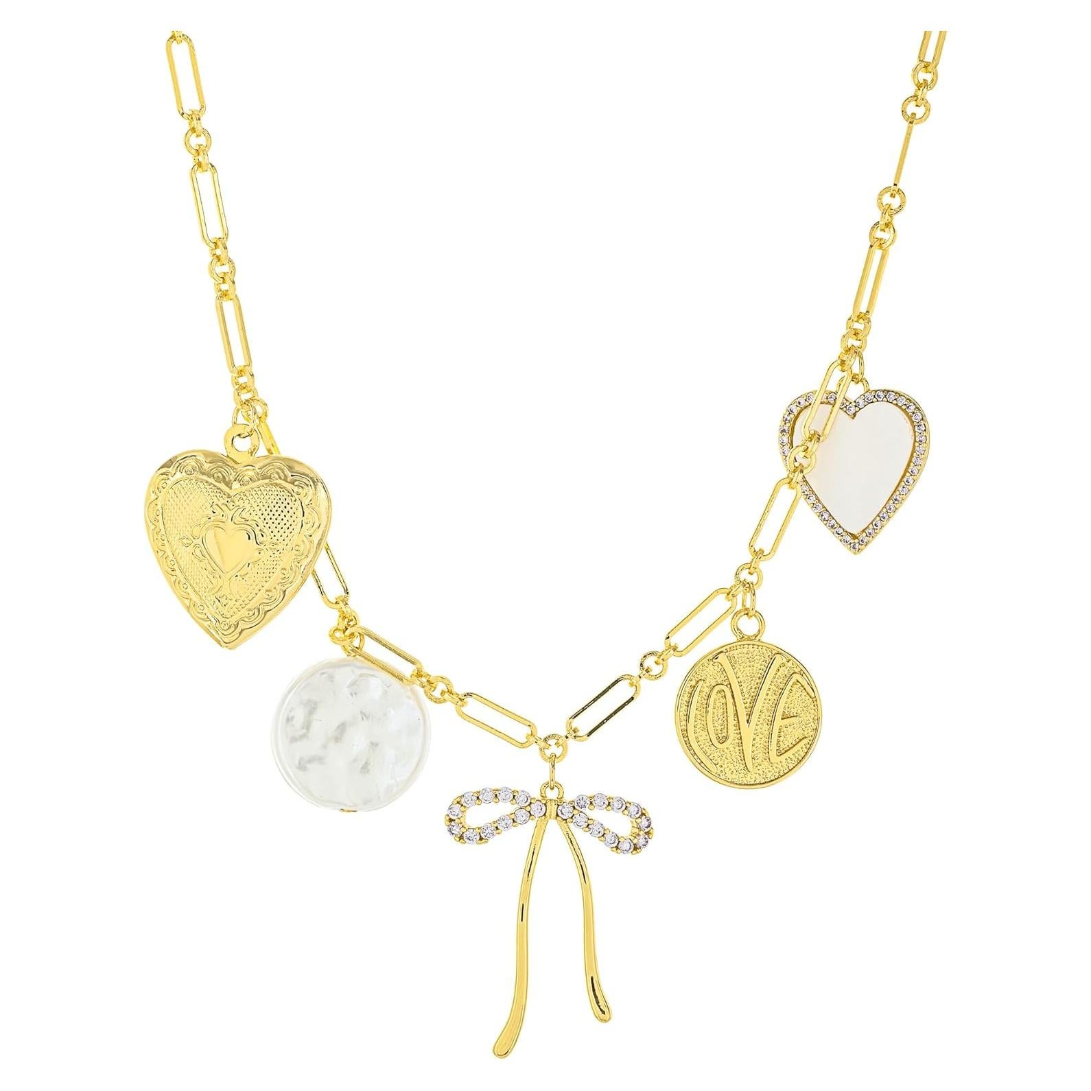 Collar con encanto chapado en oro 18K - Corazón y Perla