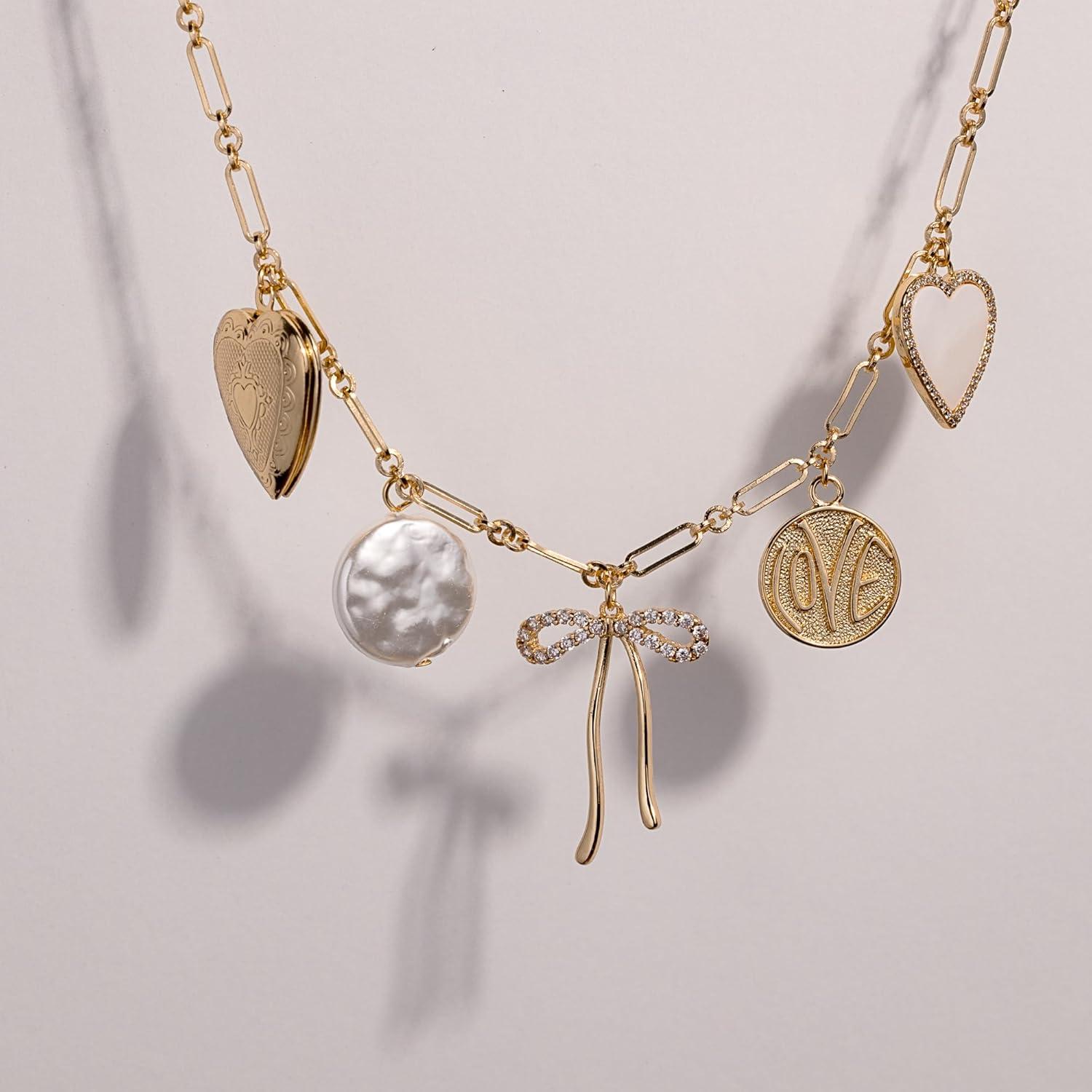 Collar con encanto chapado en oro 18K - Corazón y Perla