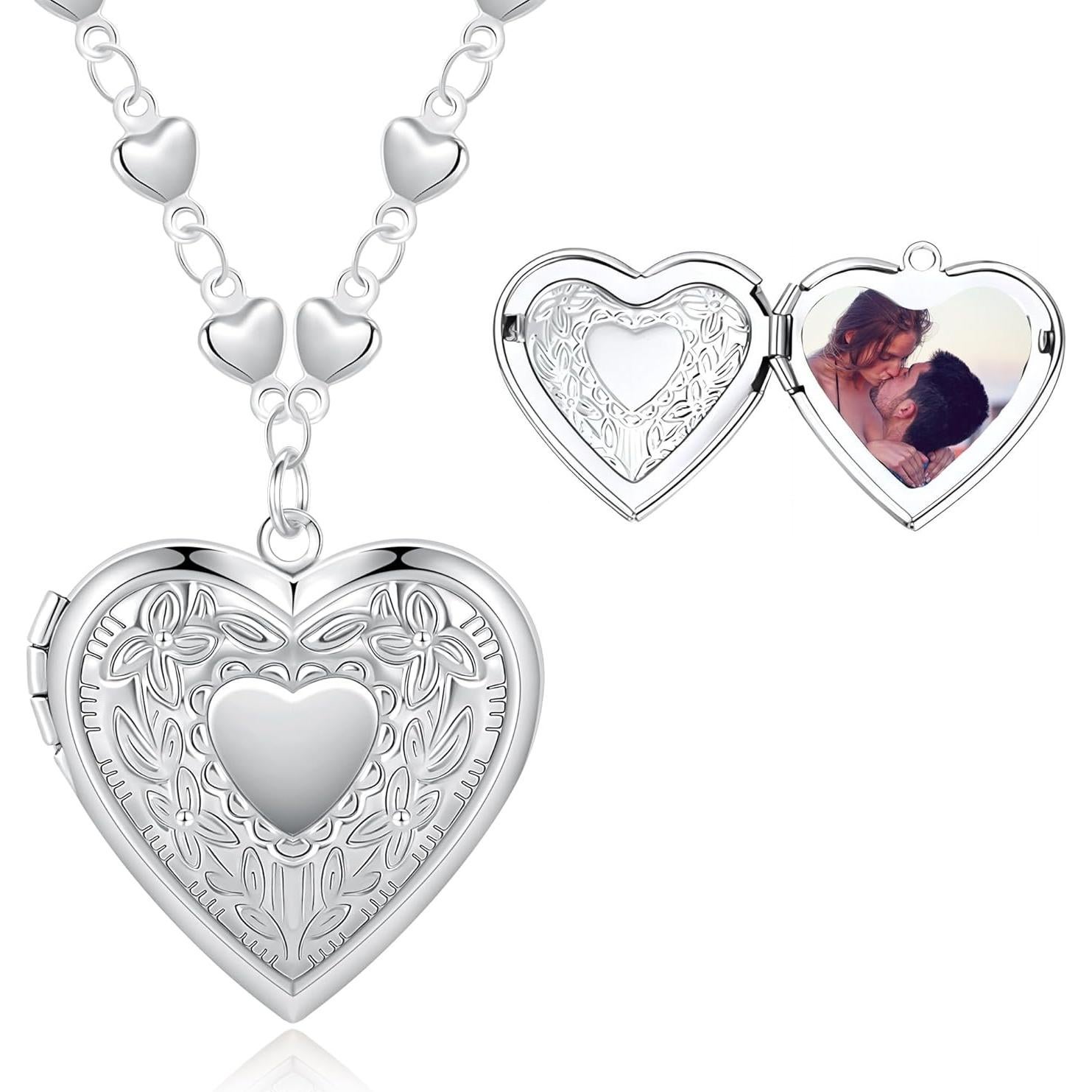 Collar medallón corazón plateado para mujeres con fotos