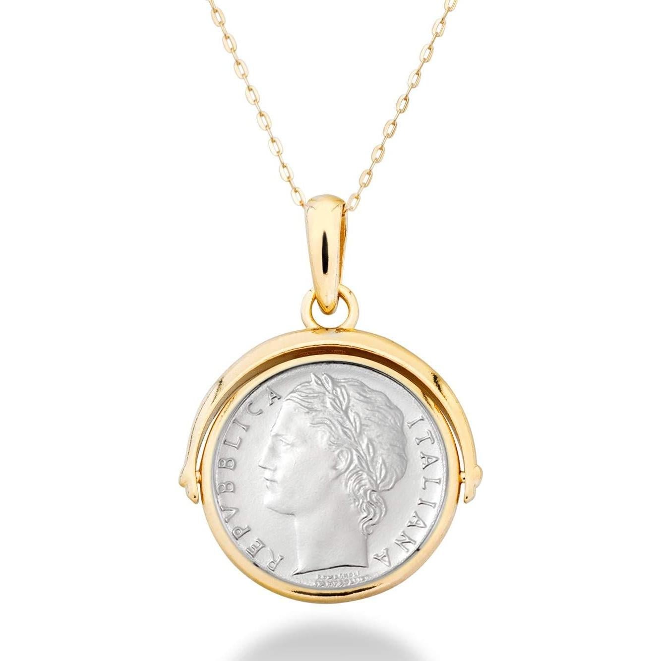 Colgante Reversible de Moneda 100 Lira Miabella Plata 925 Oro 18K