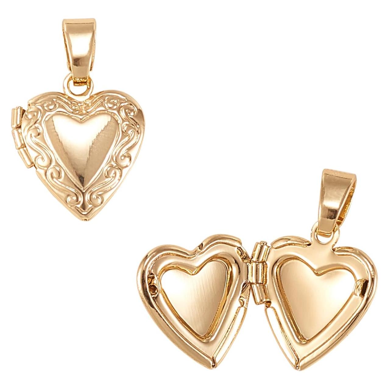 LiQunSweet 10 Pcs Vintage Golden Heart Shape Engraved Locket Pendant Openable Collection Photo Frame Charms for Necklaces - 15x13mm