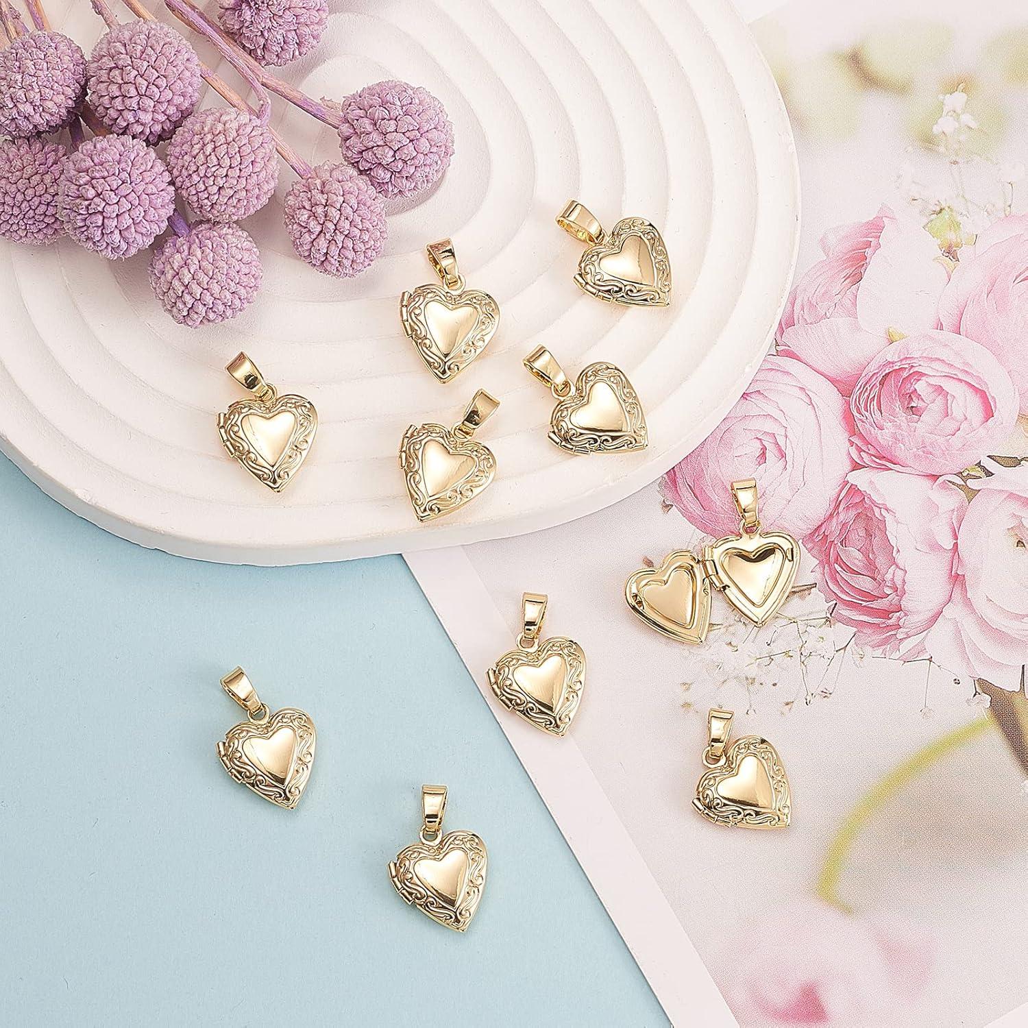 LiQunSweet 10 Pcs Vintage Golden Heart Shape Engraved Locket Pendant Openable Collection Photo Frame Charms for Necklaces - 15x13mm