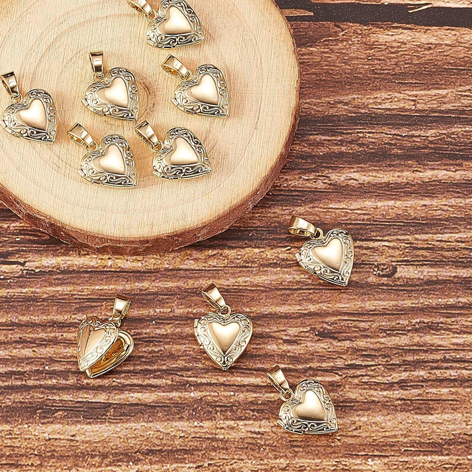 LiQunSweet 10 Pcs Vintage Golden Heart Shape Engraved Locket Pendant Openable Collection Photo Frame Charms for Necklaces - 15x13mm