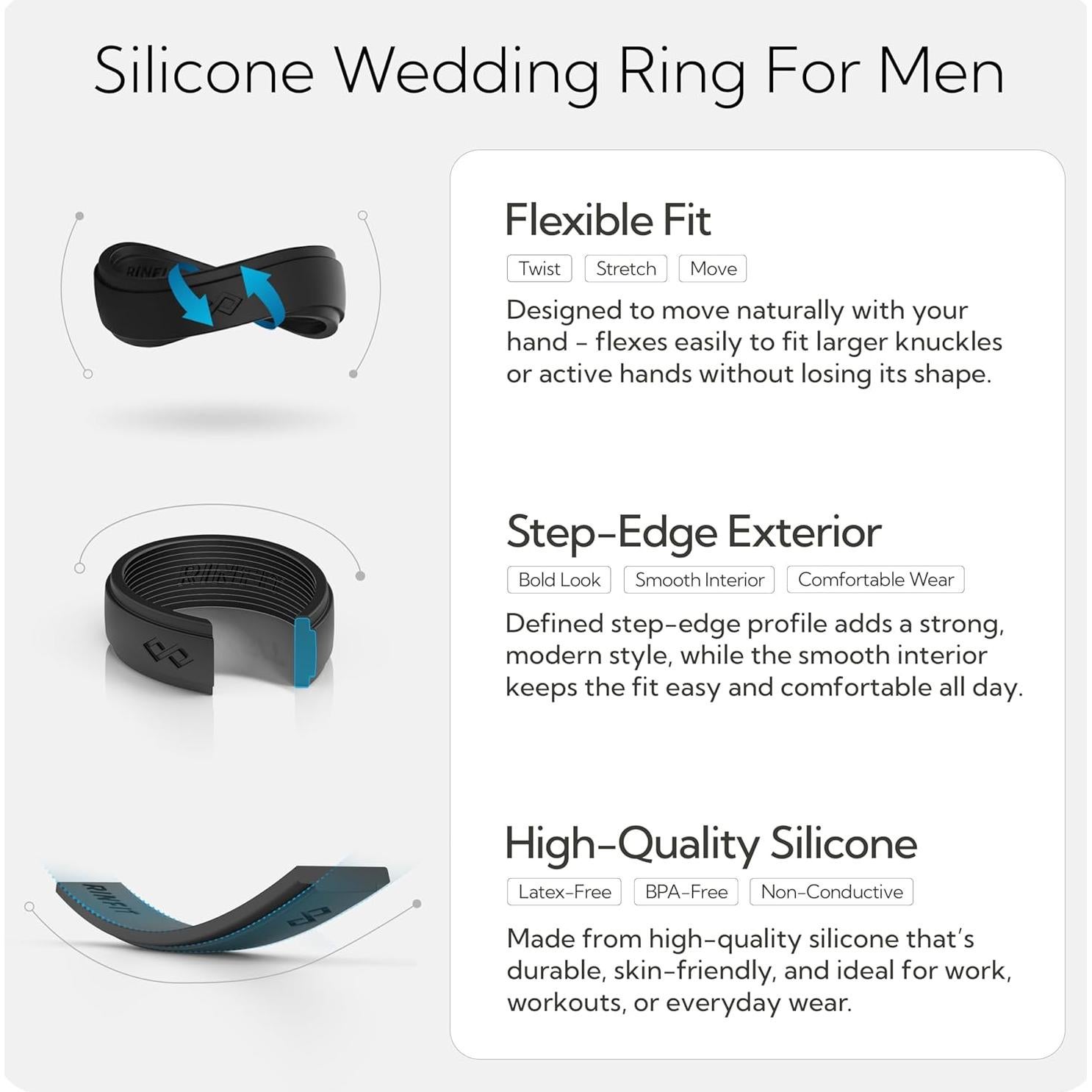 Anillo de Silicona Rinfit para Hombres 9mm Negro - Boda