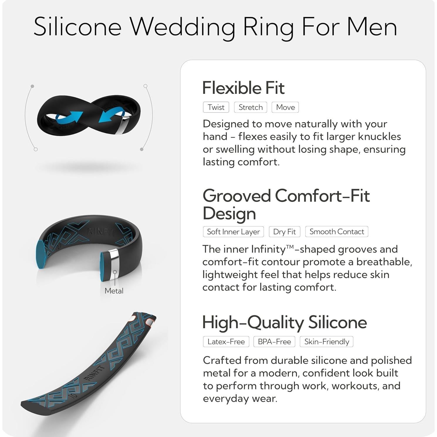 Anillos de Silicona Rinfit para Hombre - Banda de Boda Clásica con Acero Inoxidable