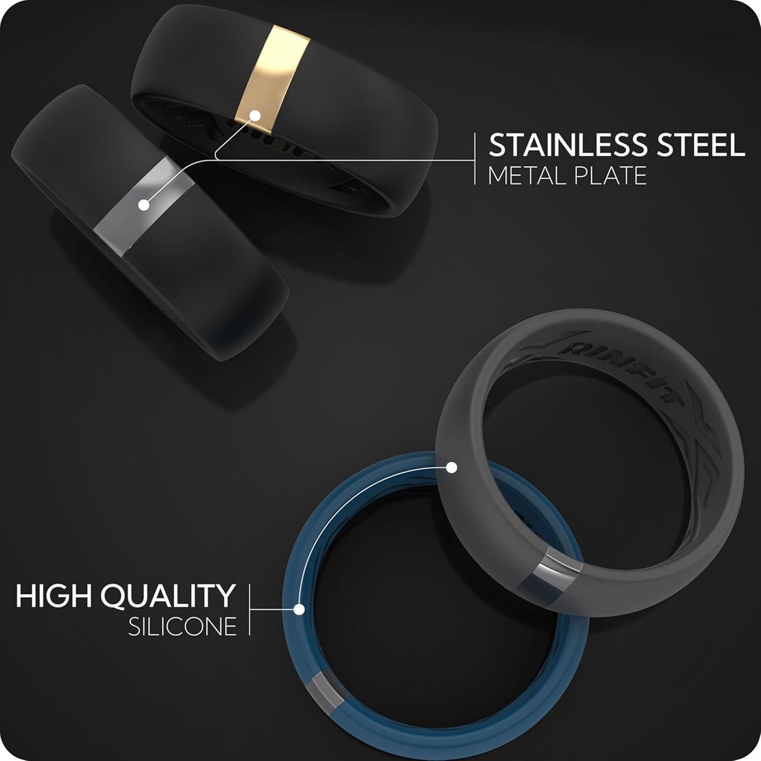 Anillos de Silicona Rinfit para Hombre - Banda de Boda Clásica con Acero Inoxidable