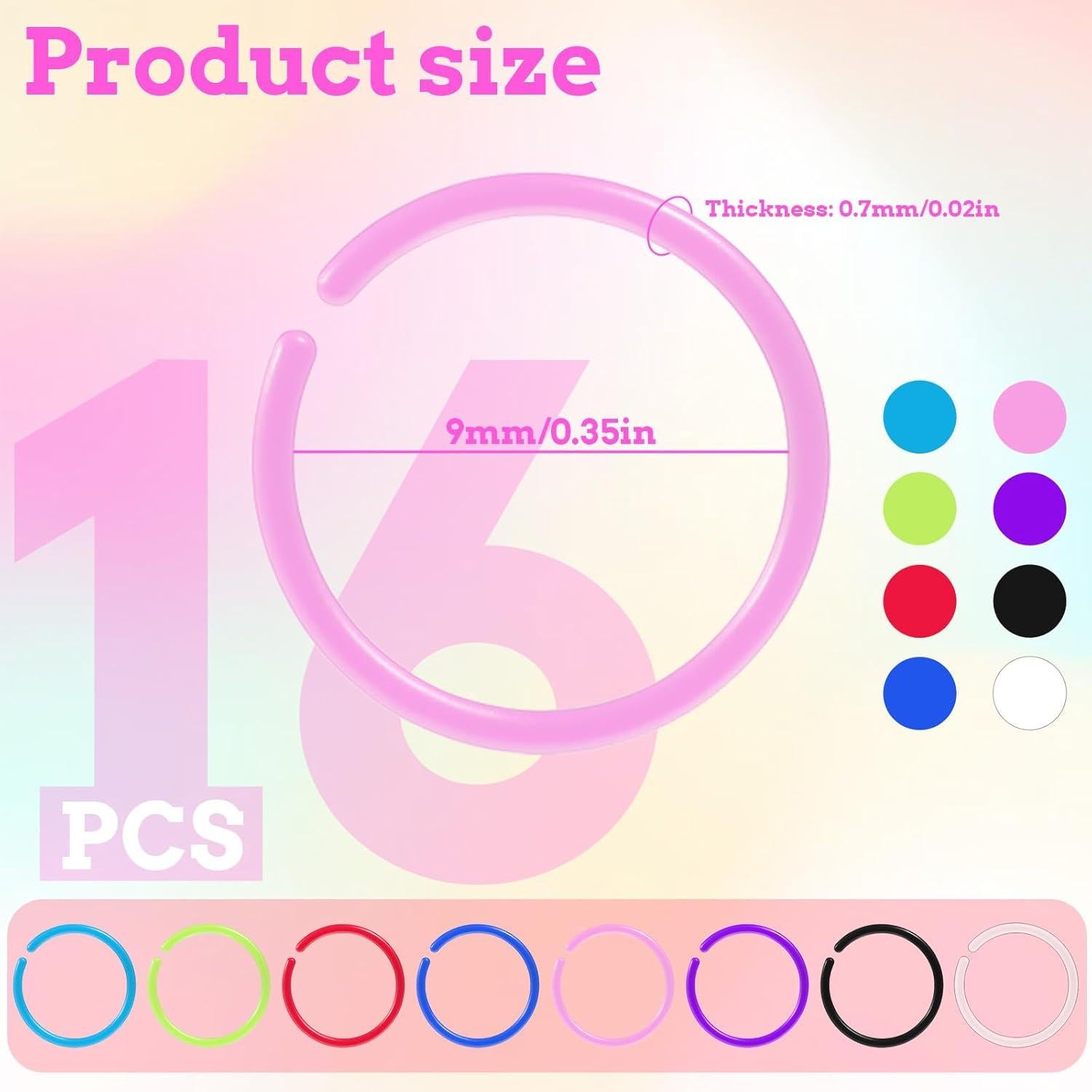 16 Anillos Nasales de Resina Coloridos 9mm Alrhso