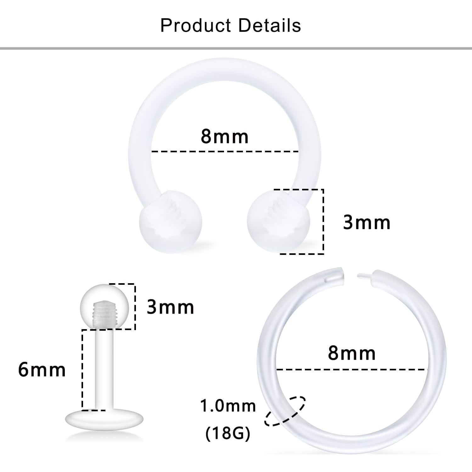 Aros Nasales Transparentes Lcolyoli 18G 24 Piezas Bioflex
