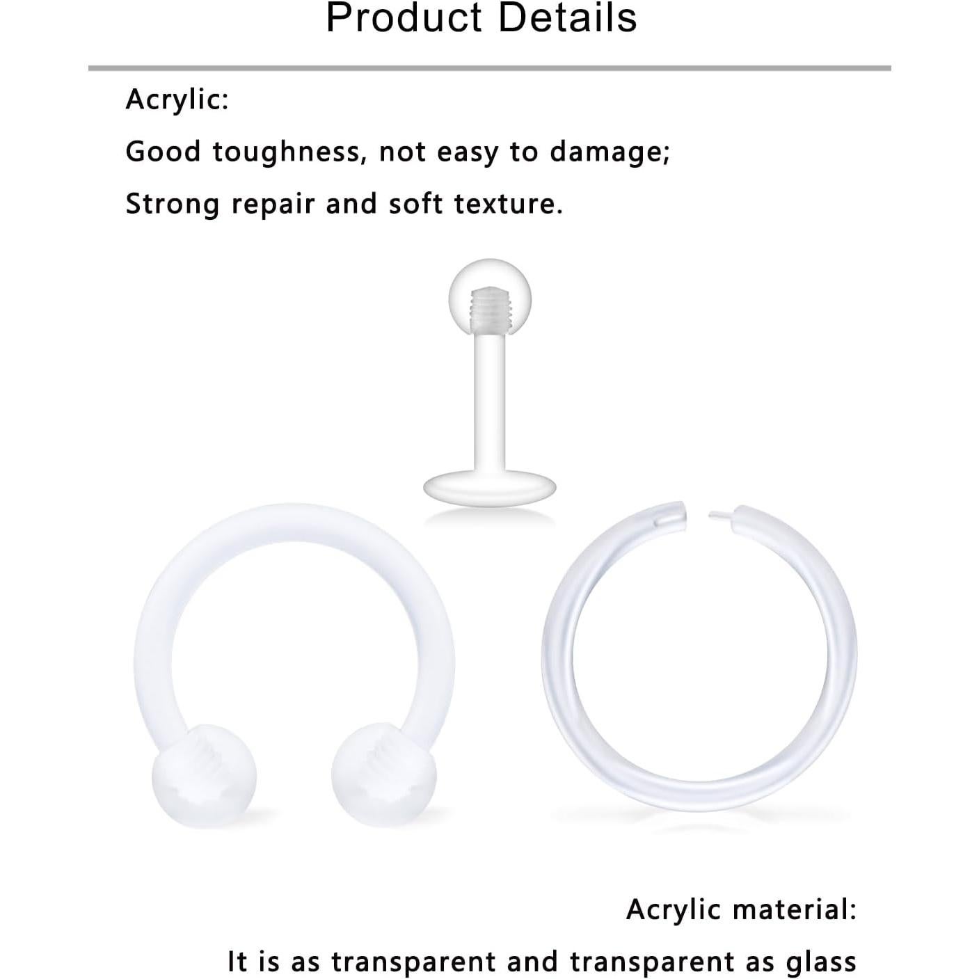 Aros Nasales Transparentes Lcolyoli 18G 24 Piezas Bioflex