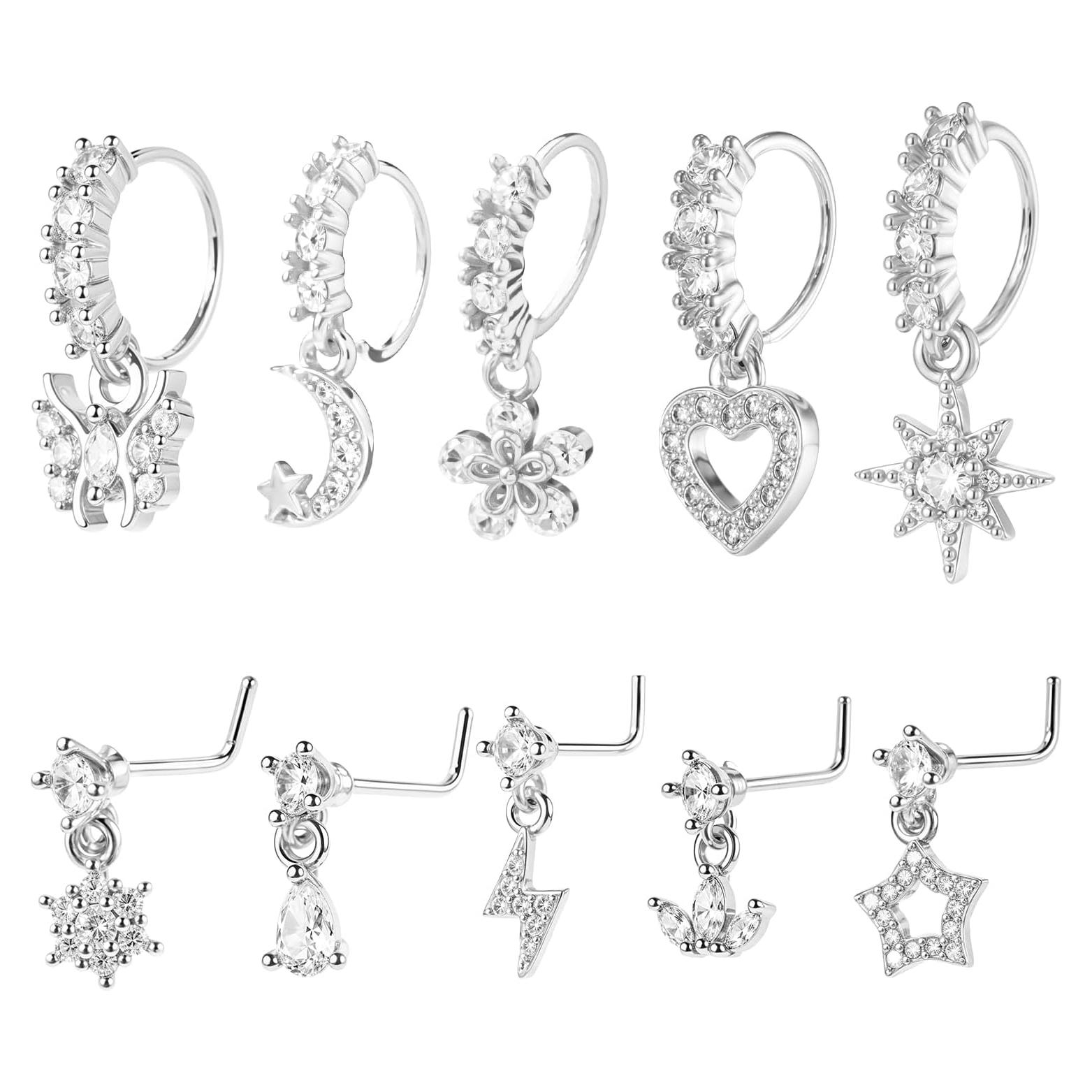 Juego de 10 Aros de Nariz Colgantes 20G Plata con Encanto