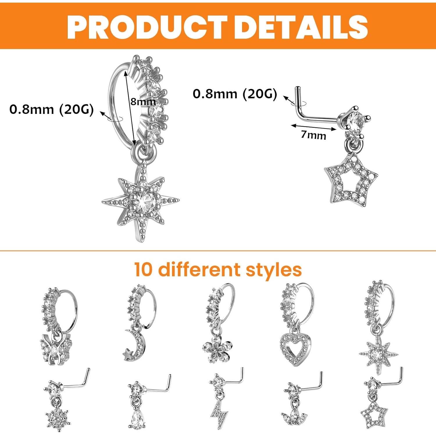 Juego de 10 Aros de Nariz Colgantes 20G Plata con Encanto