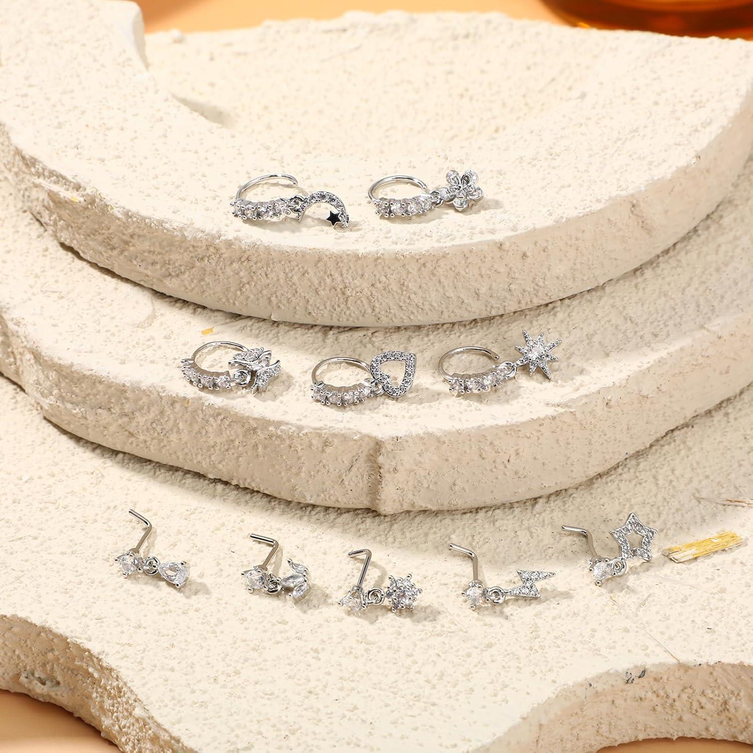 Juego de 10 Aros de Nariz Colgantes 20G Plata con Encanto