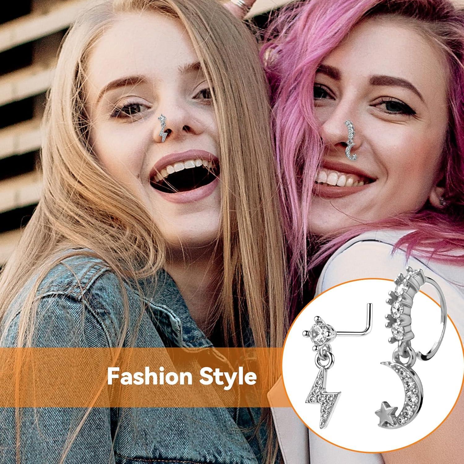 Juego de 10 Aros de Nariz Colgantes 20G Plata con Encanto