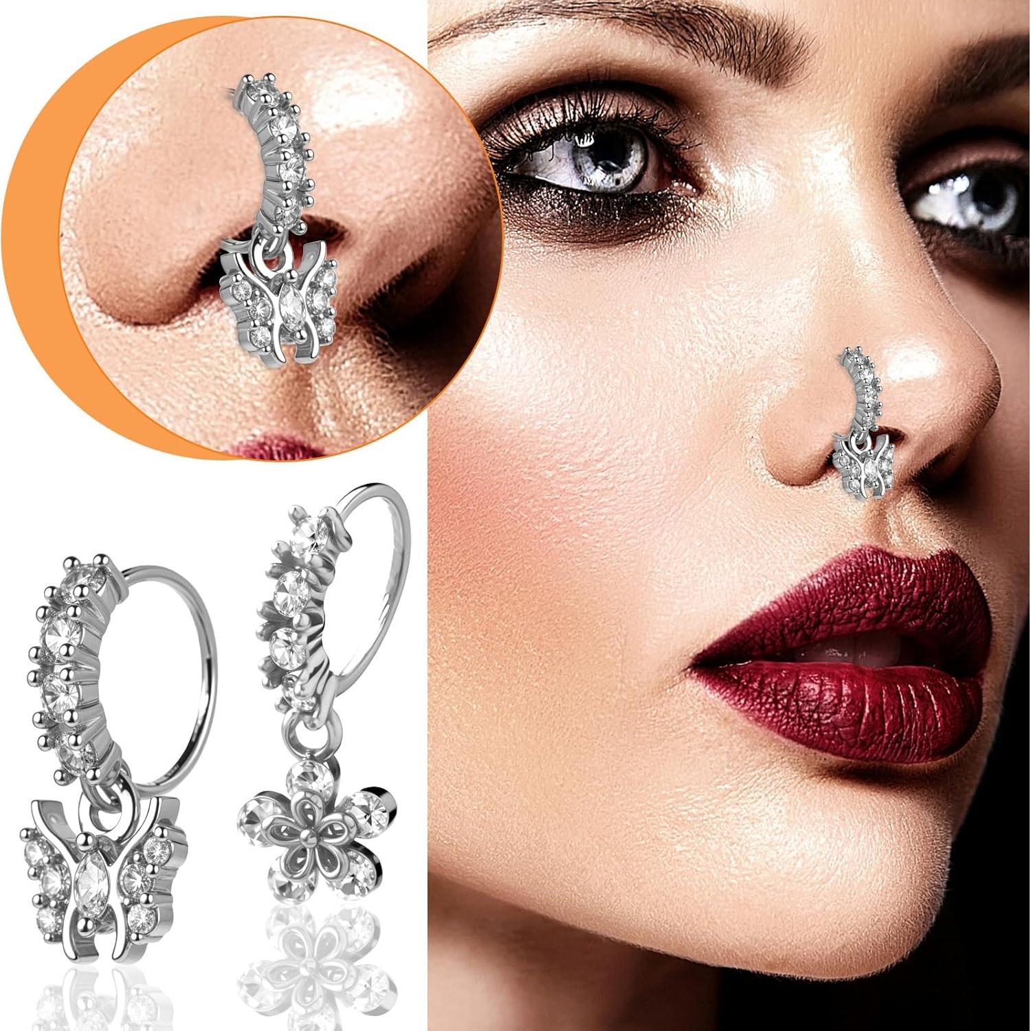 Juego de 10 Aros de Nariz Colgantes 20G Plata con Encanto