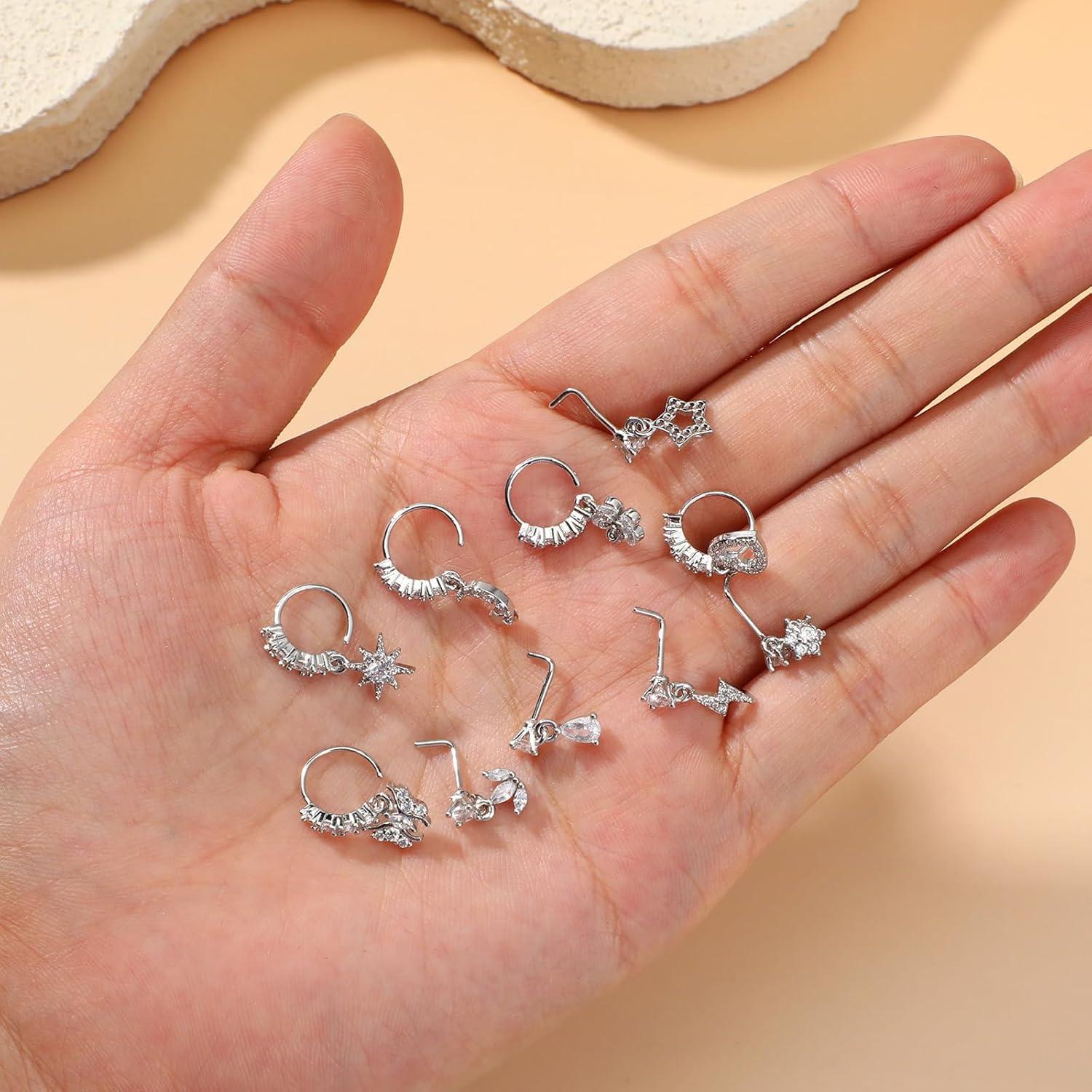 Juego de 10 Aros de Nariz Colgantes 20G Plata con Encanto