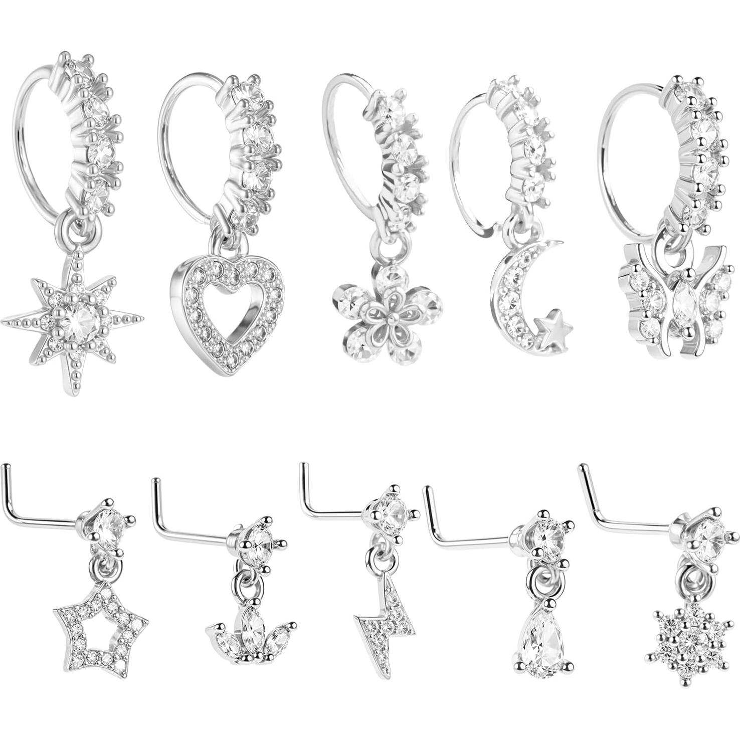 Juego de 10 Aros de Nariz Colgantes 20G Plata con Encanto