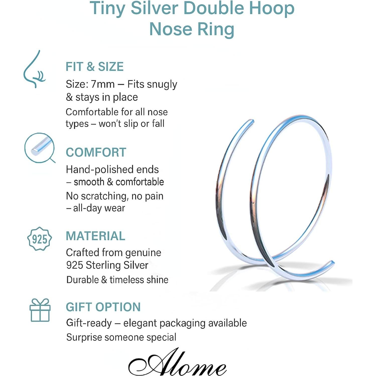 Aro Nasal Espiral Doble Plata Esterlina 925 7mm