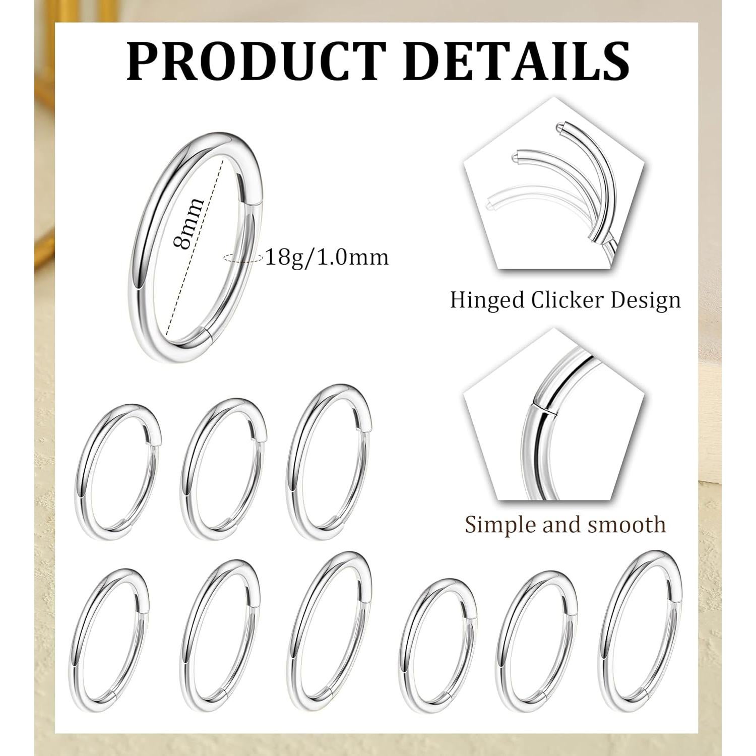 MJust Aros Nasales de Titanio G23 - Juego de 3 Piezas 6mm 8mm 10mm