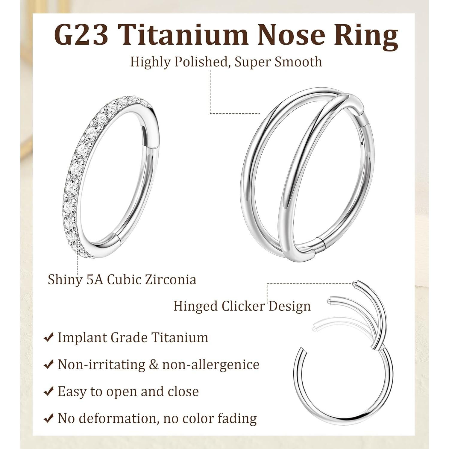 MJust Aros Nasales de Titanio G23 - Juego de 3 Piezas 6mm 8mm 10mm