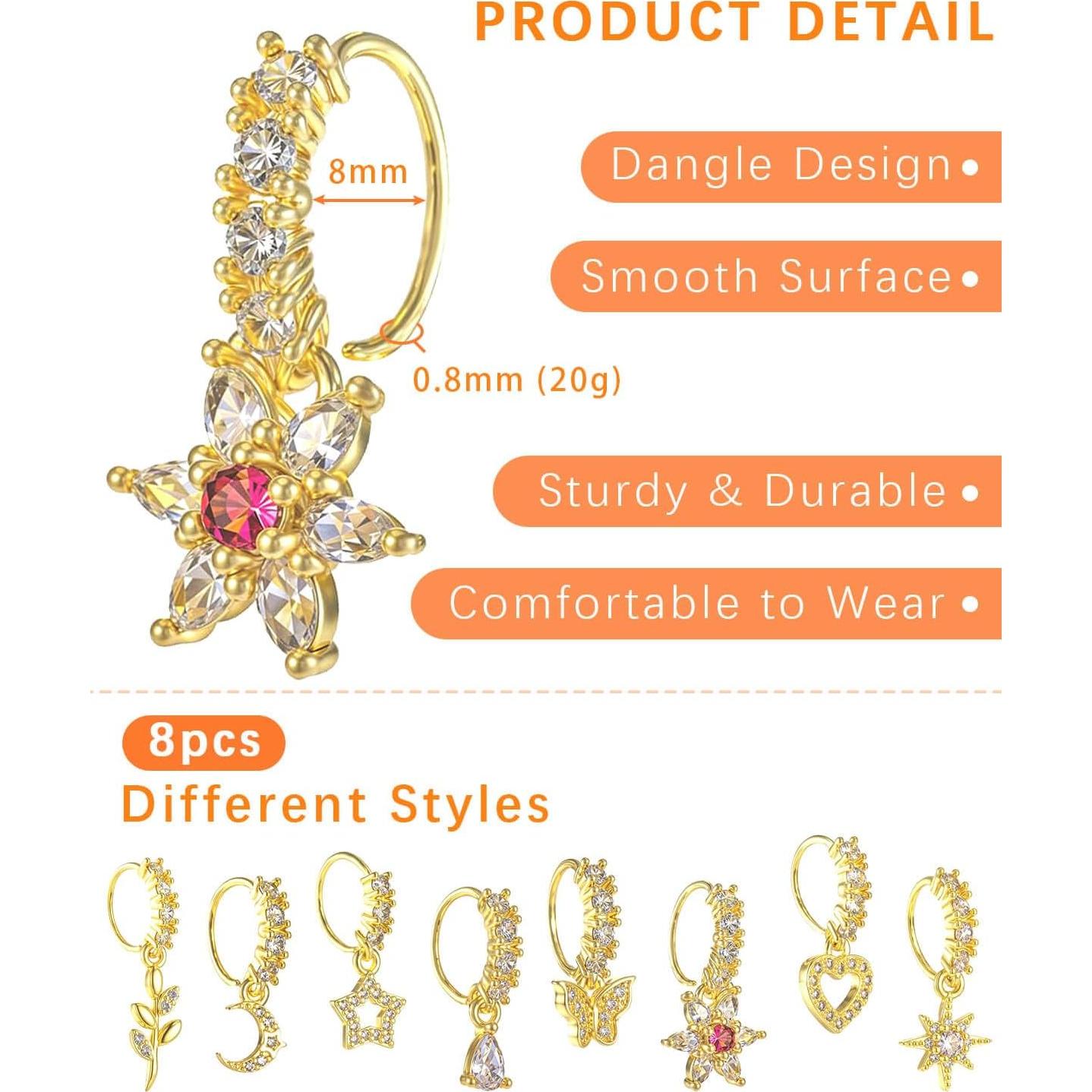 8 Aros de Nariz Colgantes Oro Cobre 8mm Diseño Elegante